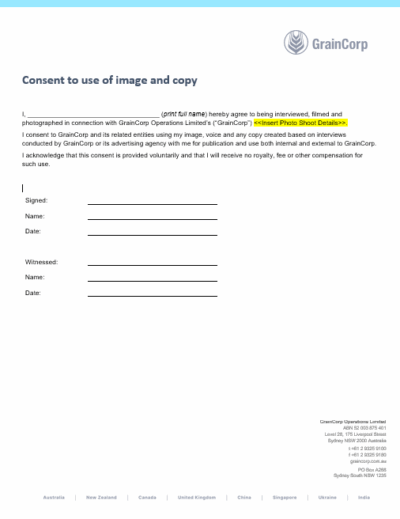 Consent to use of image and copy